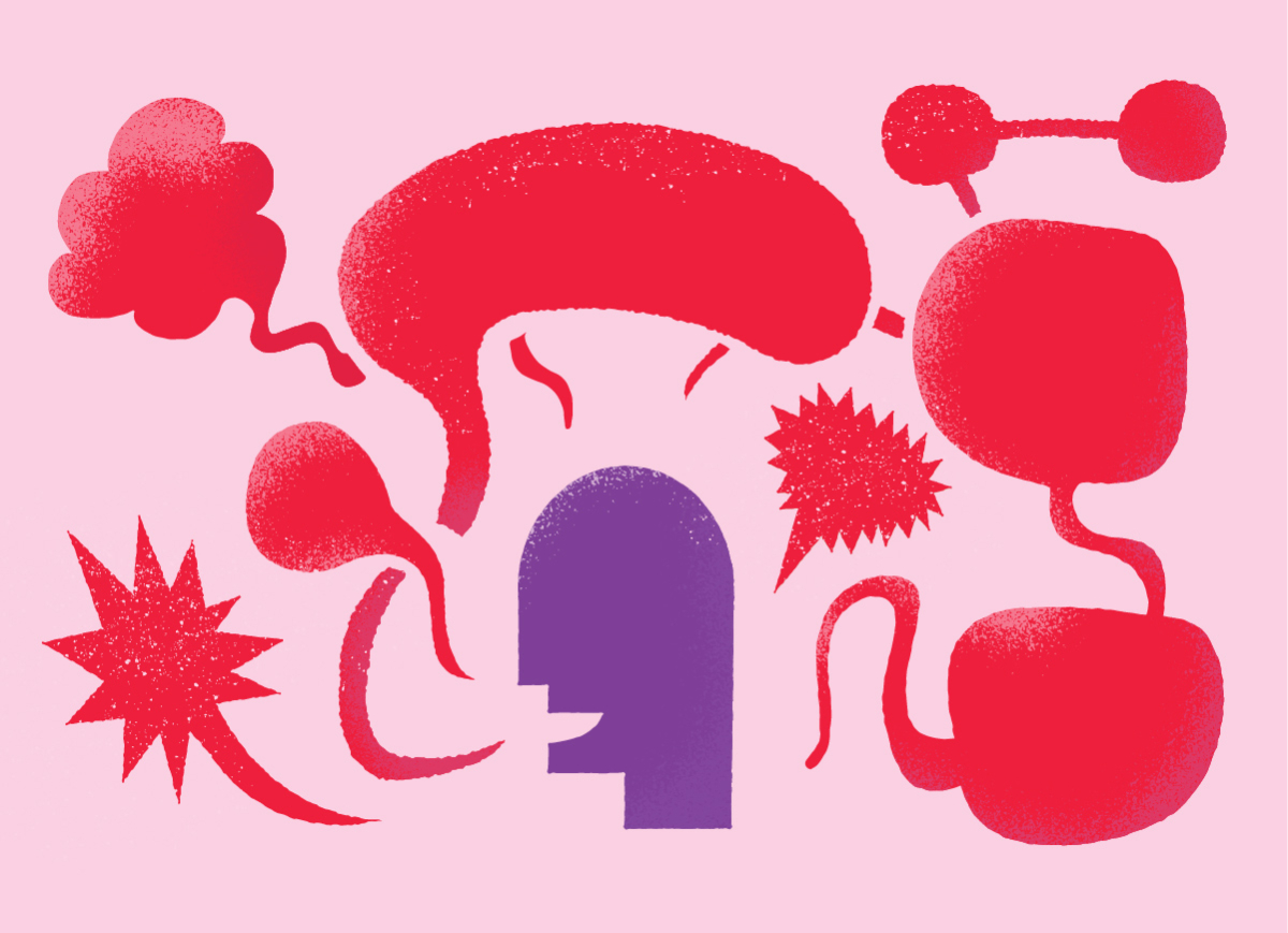 A walking talking brand, illustration of a head surrounded by speech bubbles